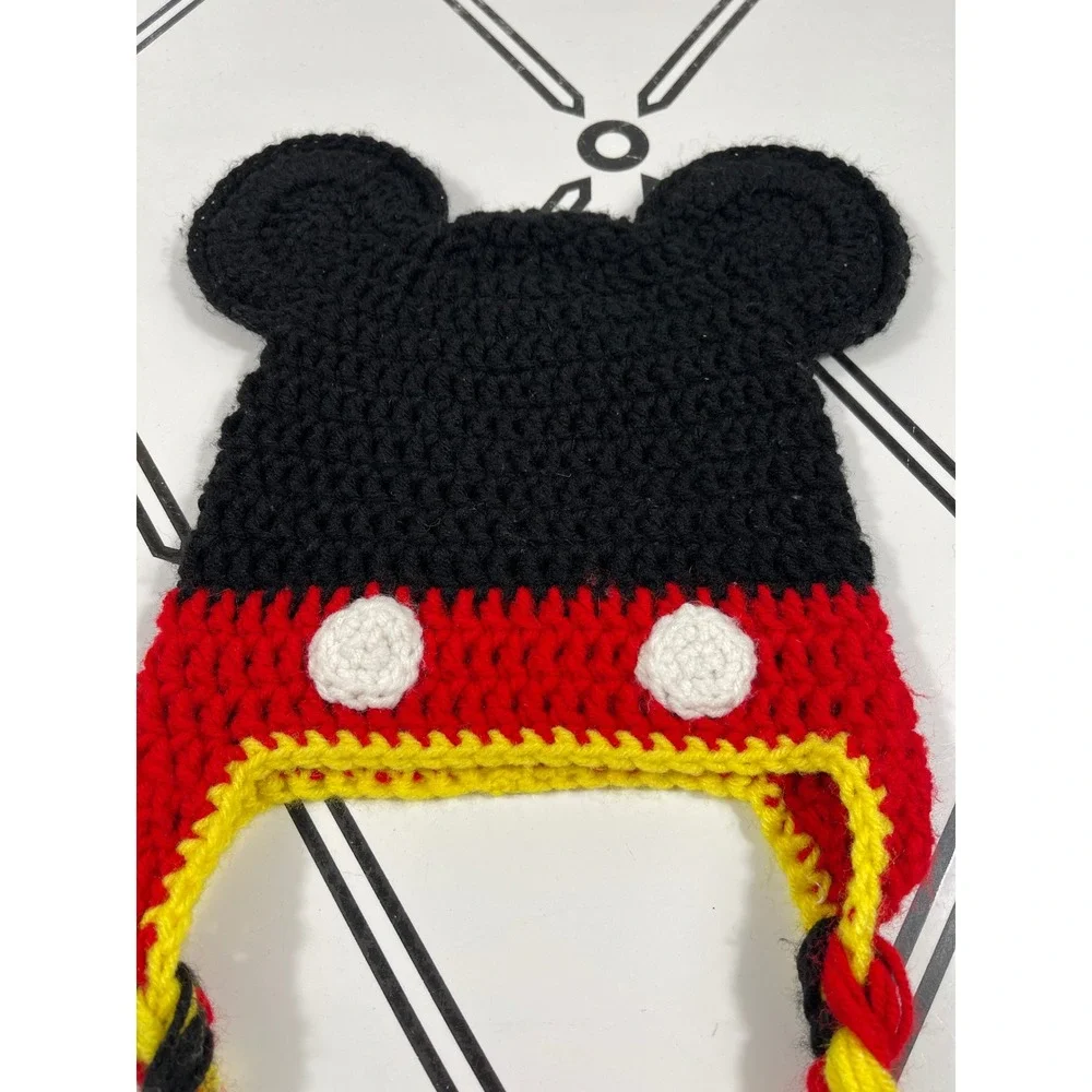 Handmade Kids Mickey Mouse Crochet‎ Hat with Braids Earflap Winter Beanie